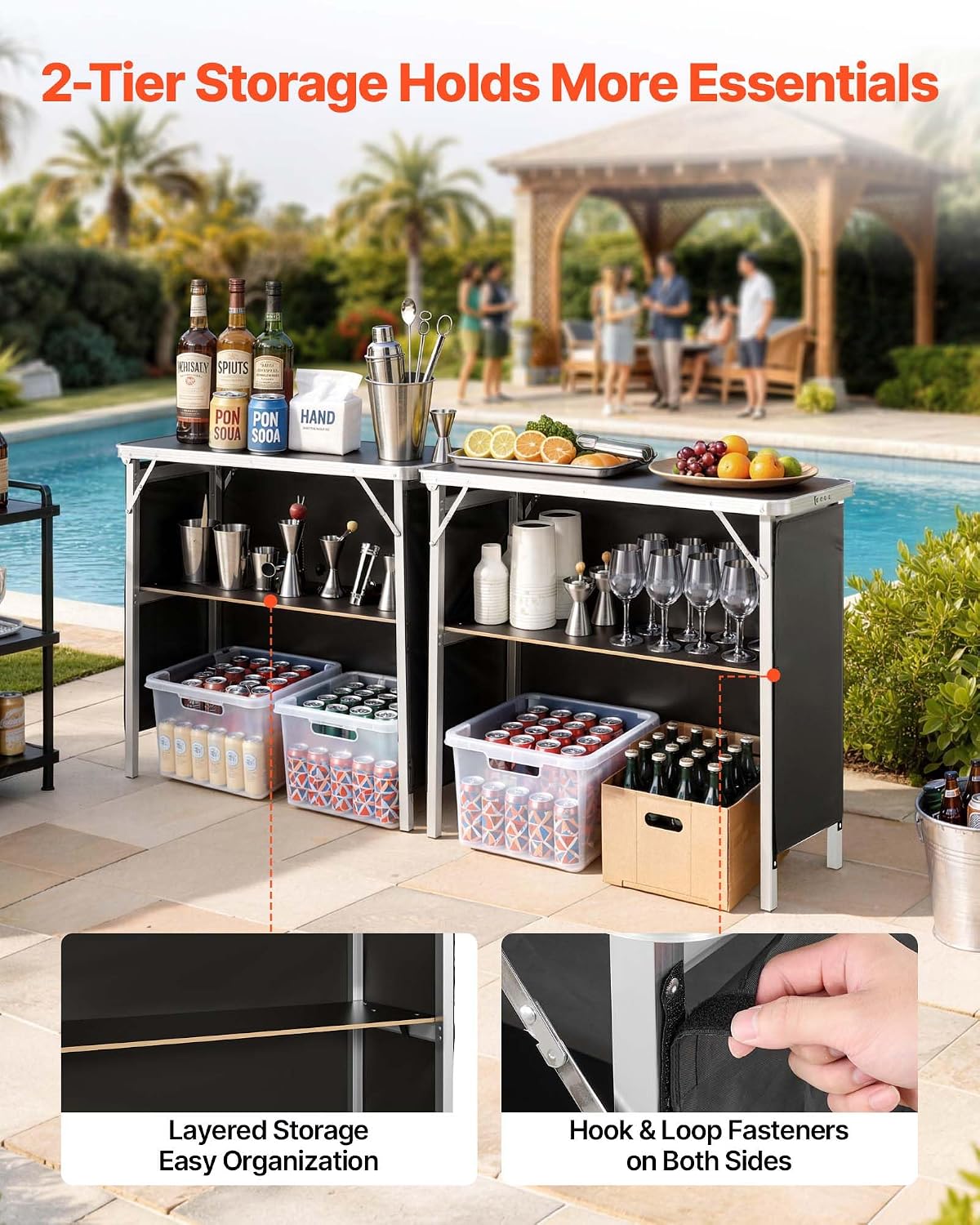 VEVOR Folding Portable Bar Table, 2 pcs, 38.6 x 15.2 x 34.3 in, with Carry Bag, Storage Shelf, Detachable Skirt, Quick and Easy Setup, Foldable Mobile Bartending Station for Events, Party, Tradeshow