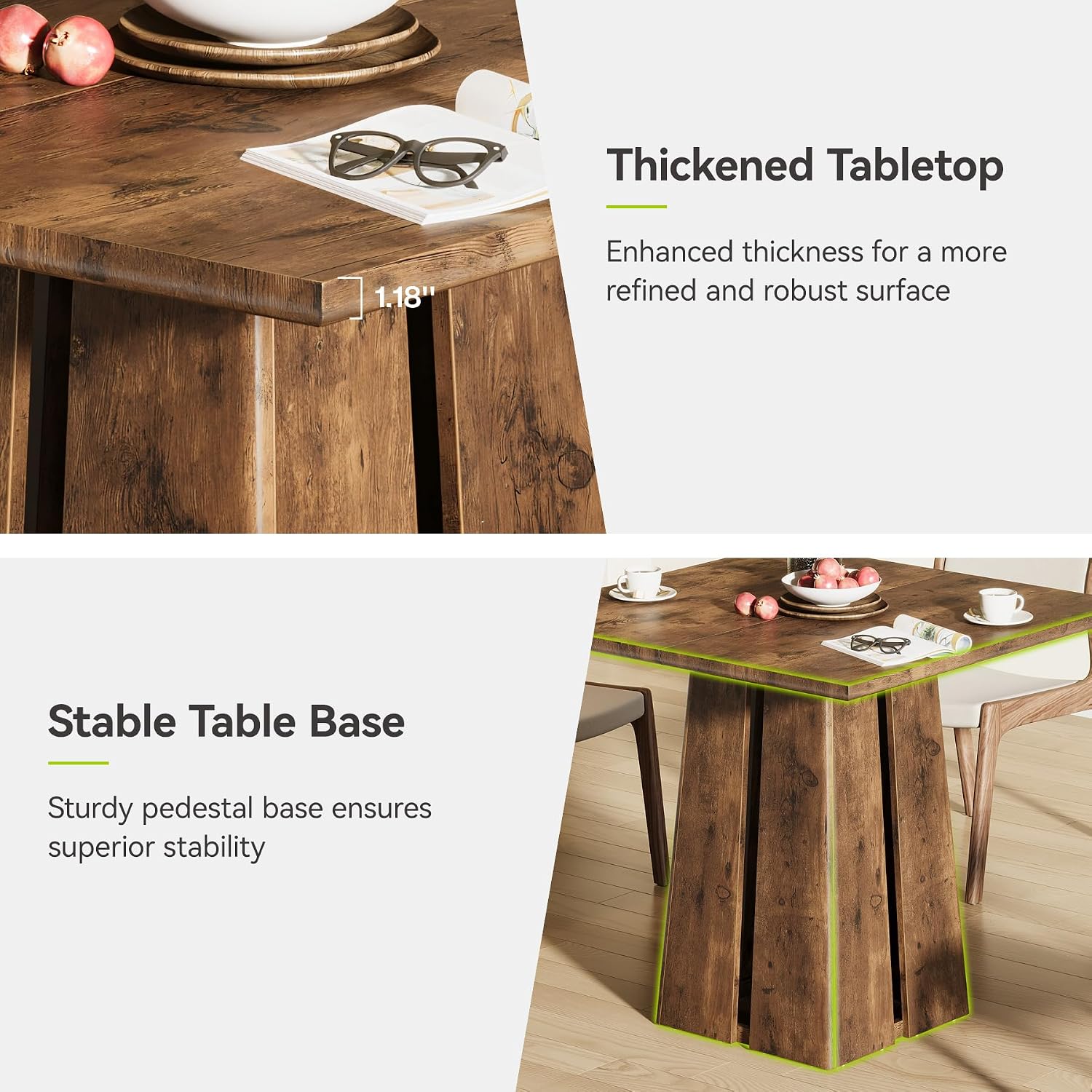 LITTLE TREE Wooden Square Dining Table 4 Sets, 31.5" Farmhouse Kitchen Table with Heavy-Duty Pedestal Base, Dinner Furniture for Dining Room, Living Room, Kitchen (1, Rustic Brown)