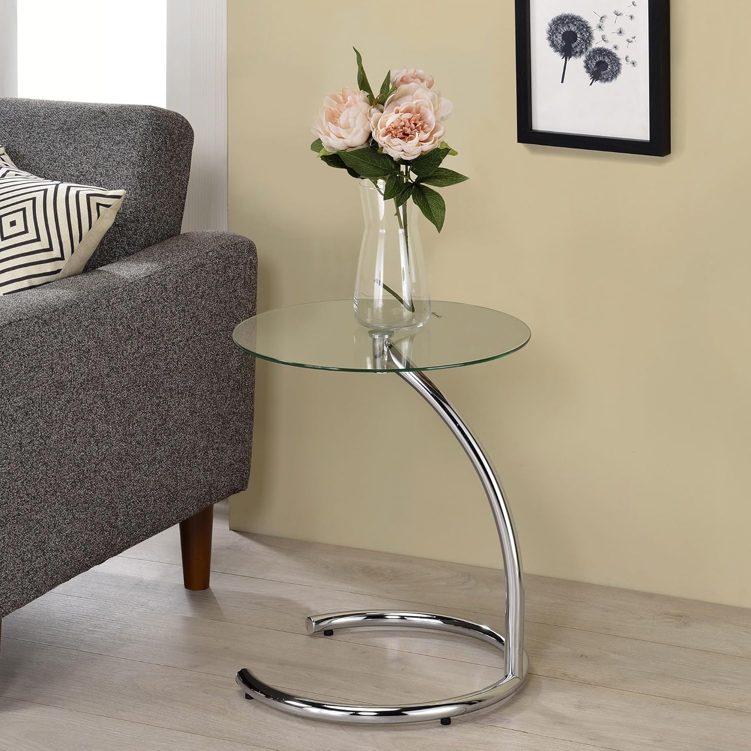 Kings Brand Furniture Leighton Round Glass End Table – Modern Metal Accent Side Table with Tempered Glass Top, Small Coffee Table for Living Room, Bedroom Nightstand or Office (Chrome)
