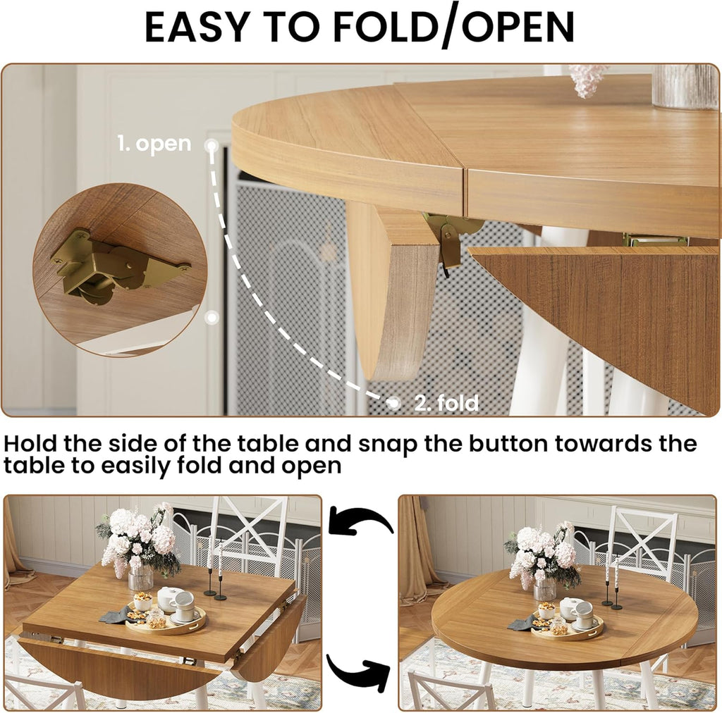 IRONCK Round Dining Table Set for 4, Extendable Kitchen Table with 4 Chairs, 44.5" Drop Leaf Desk, Folding for Small Space, Apartment, Natural Wood