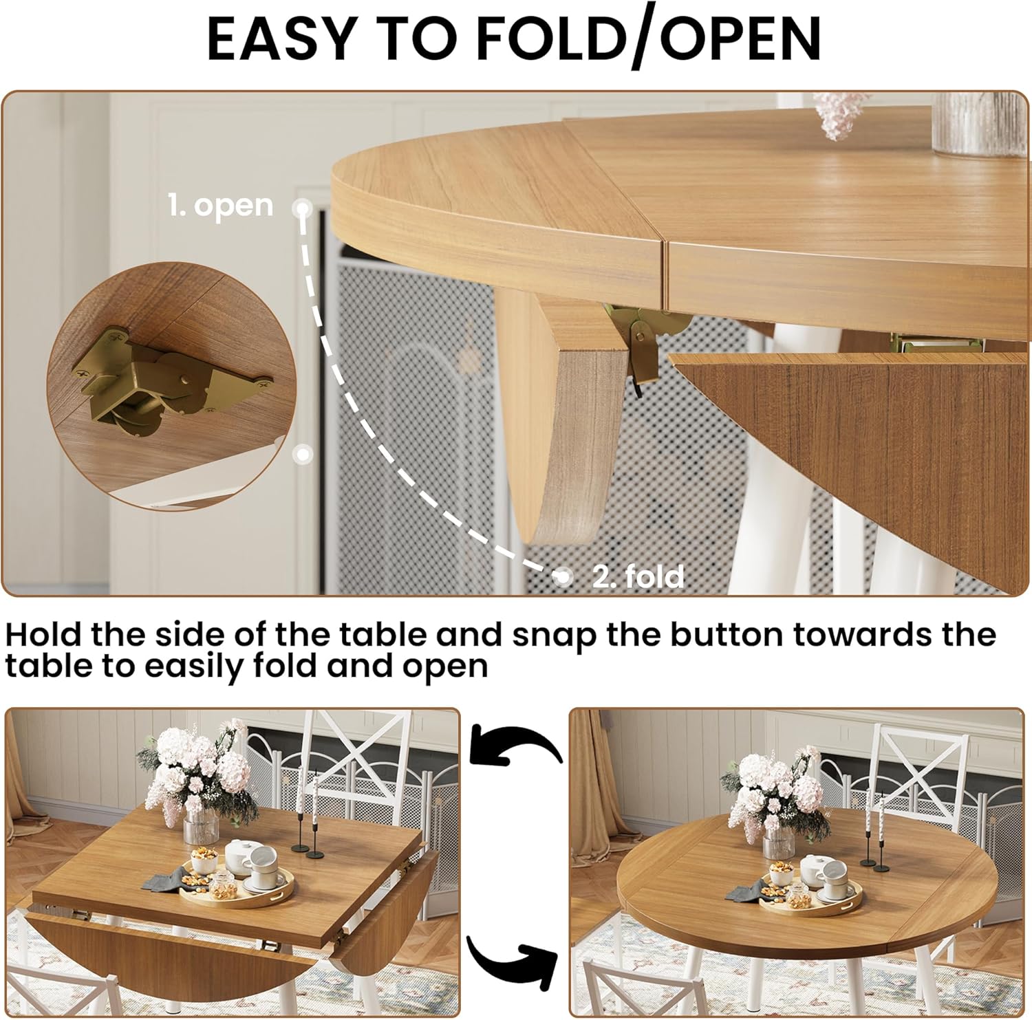 IRONCK Round Dining Table Set for 4, Extendable Kitchen Table with 4 Chairs, 44.5" Drop Leaf Desk, Folding for Small Space, Apartment, Natural Wood