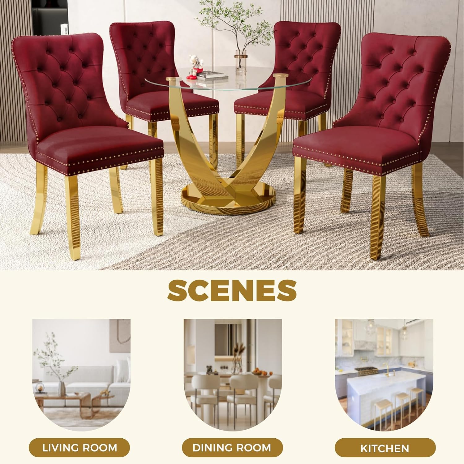 38.9 Inch Round Glass Dining Table Set for 4, Golden Round Kitchen Table with 4 Upholstered Velvet Accent Chairs, 5 Piece Modern Dining Room Set, for Home, Apartment, Kitchen - Red Chairs