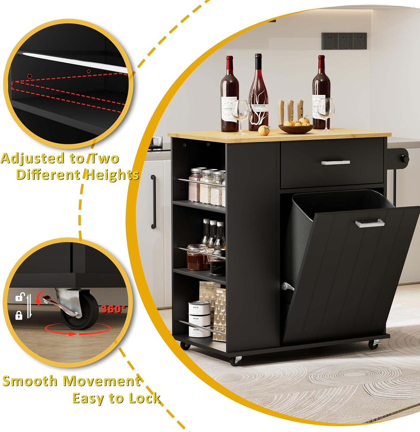 HQZX Rolling Kitchen Island with Trash Can Storage, Black | Portable & Movable & Lockable Wheels, Towel Rack & Spice Rack, Tilt Out Trash Can Cabinet with Drawer, Mobile Island Cart