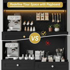 YOURLITE LED Pantry Cabinets with Pegboard, Kitchen Pantry Storage Cabinet with Outlet & Microwave Stand, Kitchen Hutch Coffee Bar with 5 Hooks and Adjustable Shelf, Black