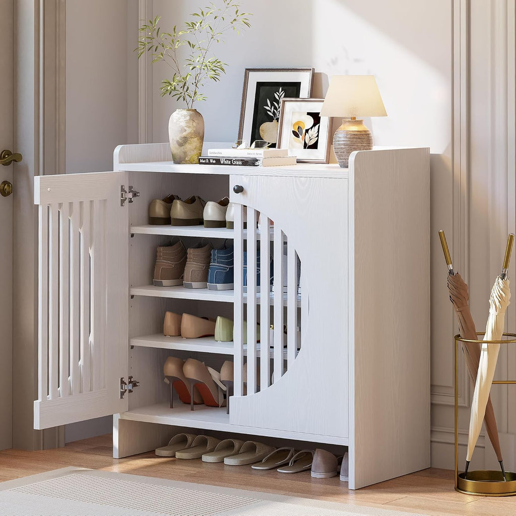 LIKIMIO Shoe Cabinet with Adjustable Shelves, 4-Tier Shoe Storage Cabinet with Slatted Doors, Freestanding Wooden Shoe Cabinet Storage for Entryway, Hallway, Living Room, White