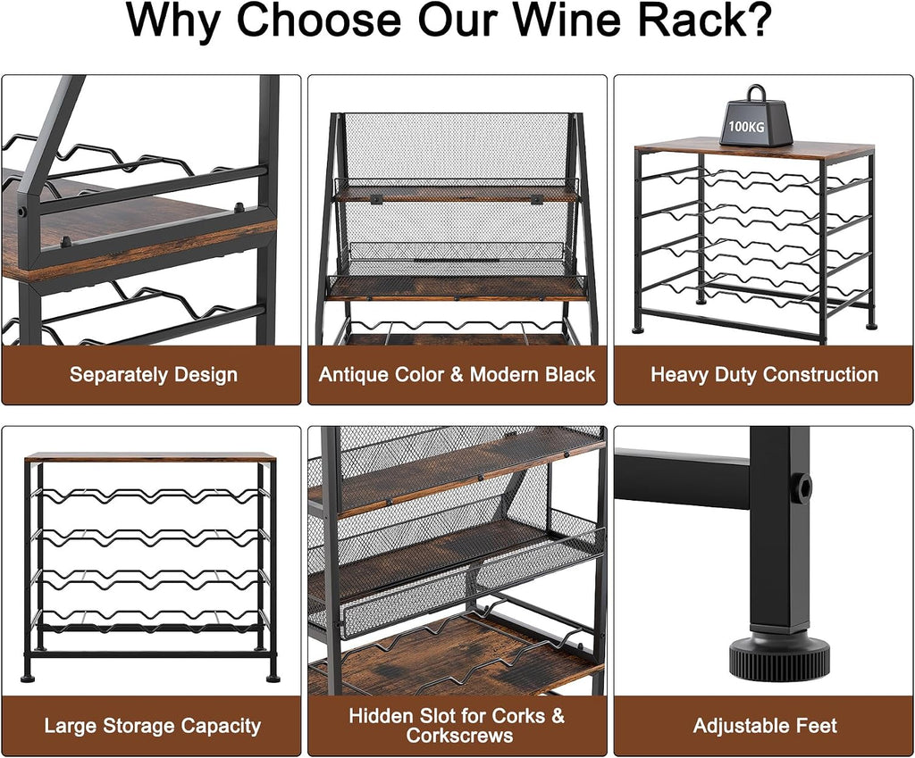 TQVAI Wine Rack Freestanding Floor Modular Split 40 Bottles Vertical Countertop Wine Racks Tall Liquor Bottle Display Shelf with Hidden Cork Organizer for Home Bar, Black/Antique