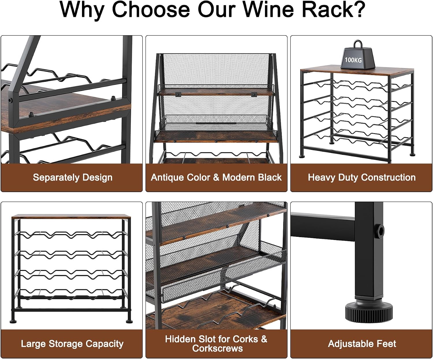 TQVAI Wine Rack Freestanding Floor Modular Split 40 Bottles Vertical Countertop Wine Racks Tall Liquor Bottle Display Shelf with Hidden Cork Organizer for Home Bar, Black/Antique