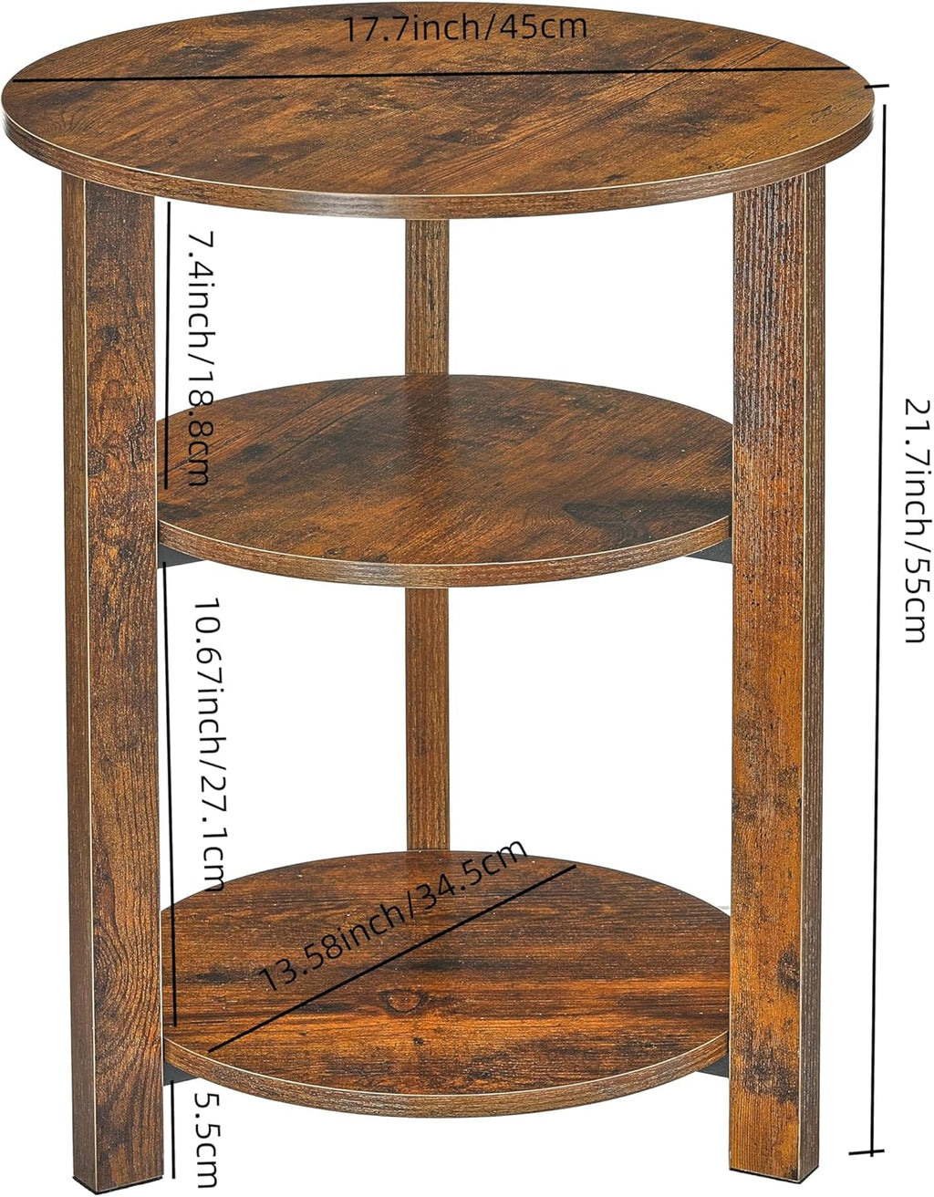 Farmhouse 3-Tier Round Side Table, 17.7*21.7inch End Table with Open Storage Shelf, Circular Nightstand Accent Table for Living Room, Bedroom,Wooden Table for Narrow and Small Spaces,Rustic Brown