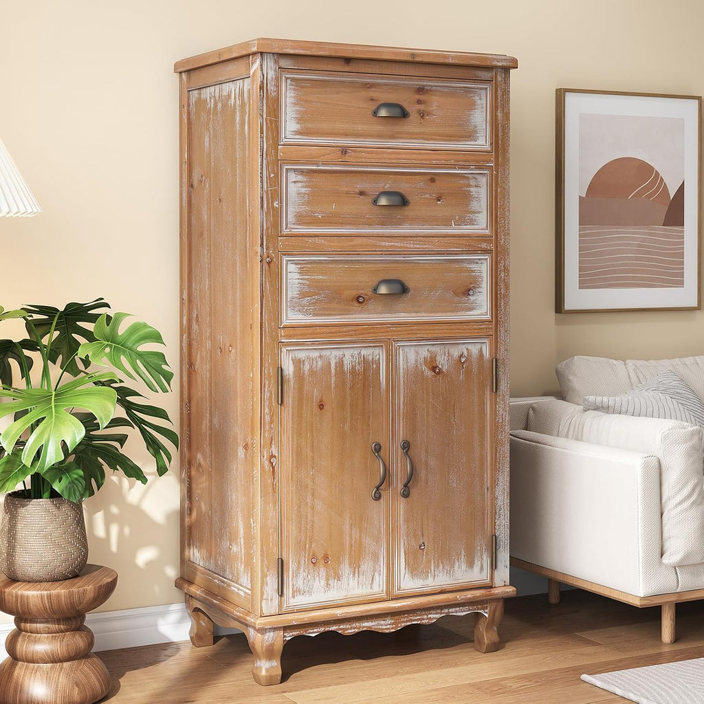 Rustic Tall Storage Cabinet - Distressed Solid Wood Frame Accent Cabinet with Textured Drawer Fronts, 3 Drawers & 2 Doors, Farmhouse Freestanding Floor Cabinet for Entryway, Living Room, Hallway