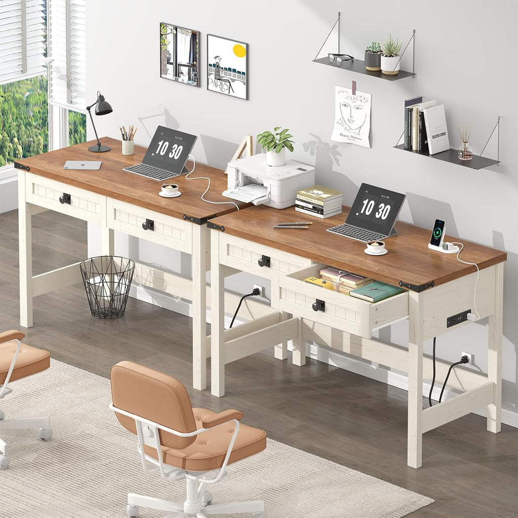 YOMILUVE Farmhouse Computer Desk with 2 Drawers, 39 Inch Small Office Computer Desk with Power Outlets, Compact Writing Study Desk for Small Spaces, Antique White