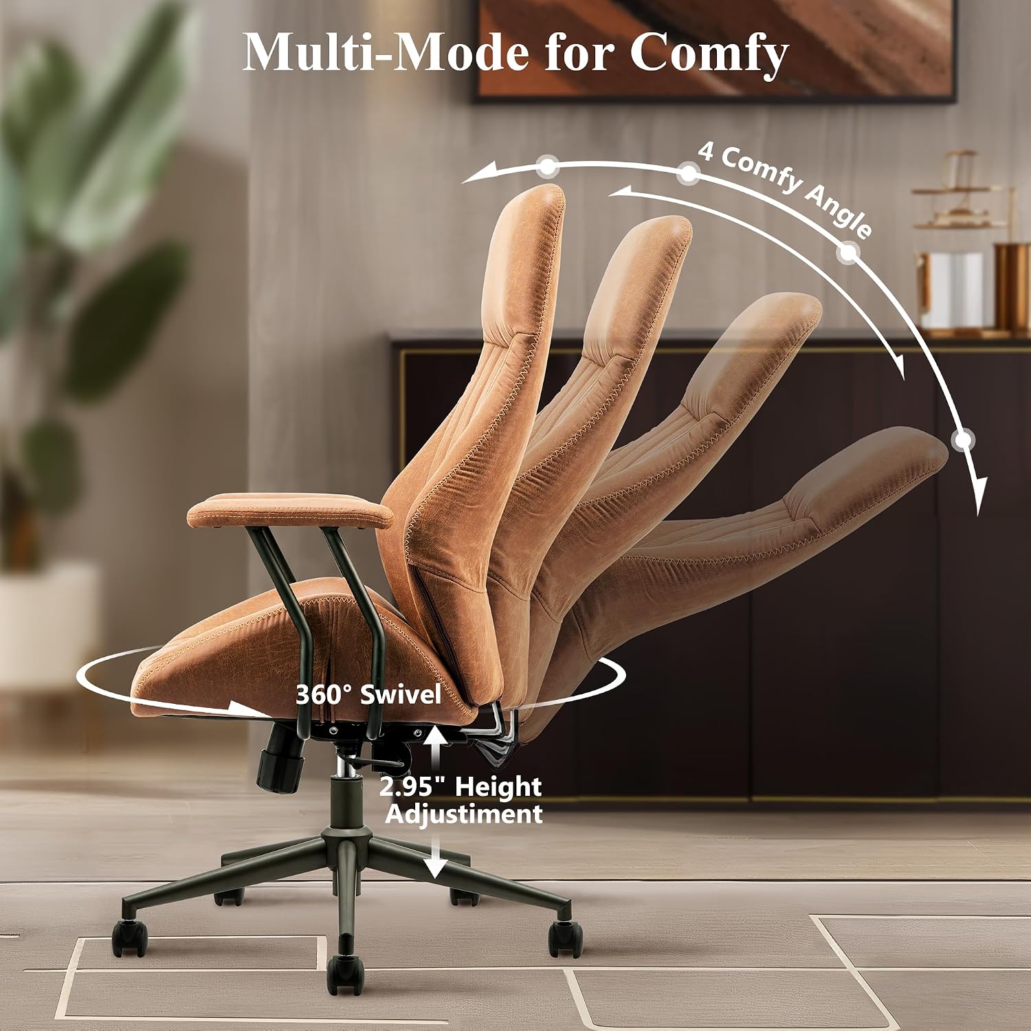 Mid Century Modren Office Chair,High Back Ergonomic Executive Chair with Lumbar Support, Computer Desk Swivel Task Chair with Wheels, Faux Lether Suede Fabric Home Chair (High Back, Brown)