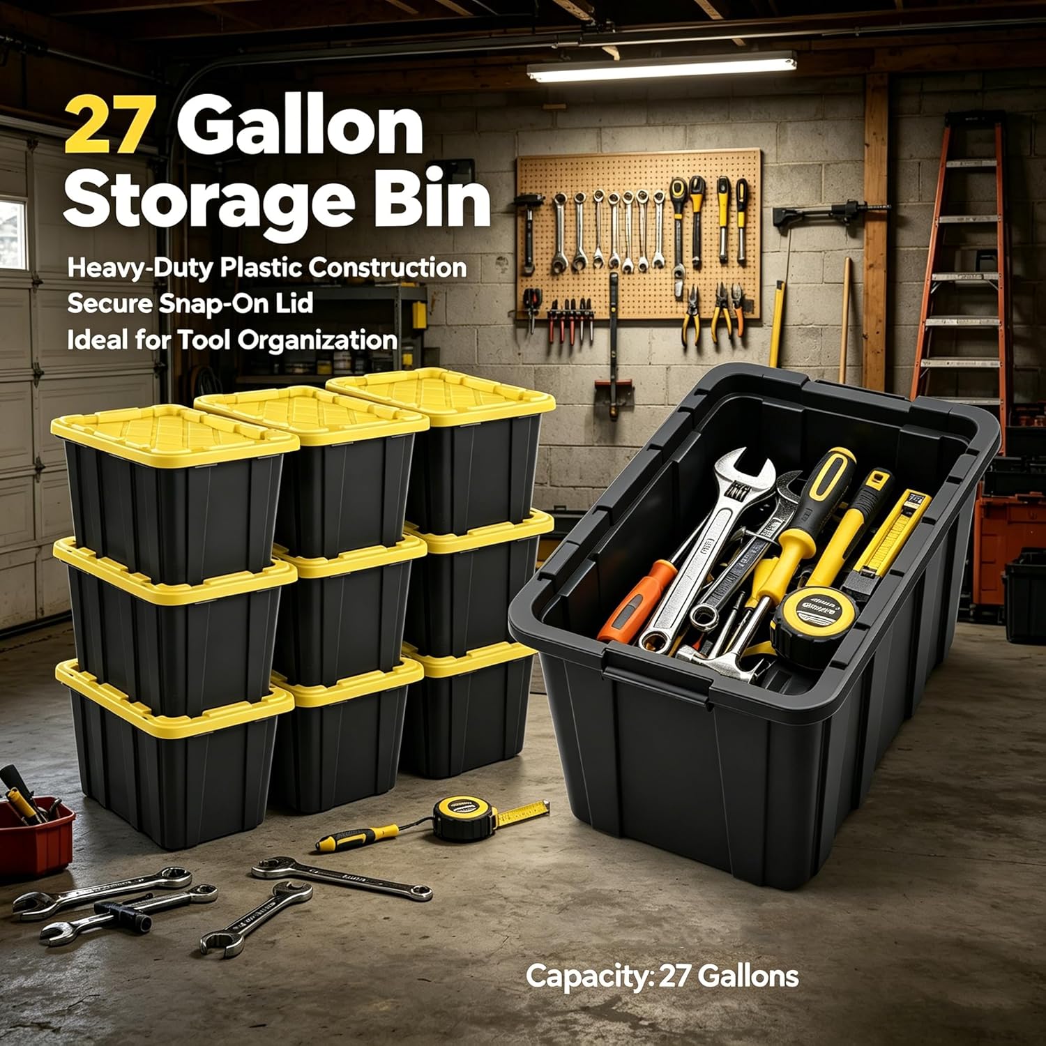 6 Pack, Large 27 Gallon Durable Plastic Storage Bin with Snap-On Lid, Storage Bin for Home Garage Organization, Black and Yellow