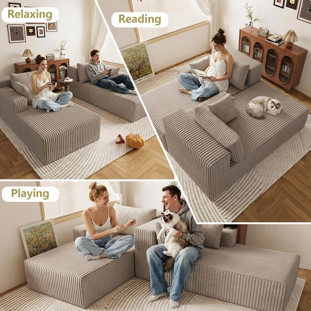 71" Oversized Double Chaise Lounges Indoor, Upholstered Corduroy Oversized Chaise Lounge Chair, Modern Sleeper Loveseat Chair Boneless Cloud Couch for Living Room Bedroom Reading (Camel)