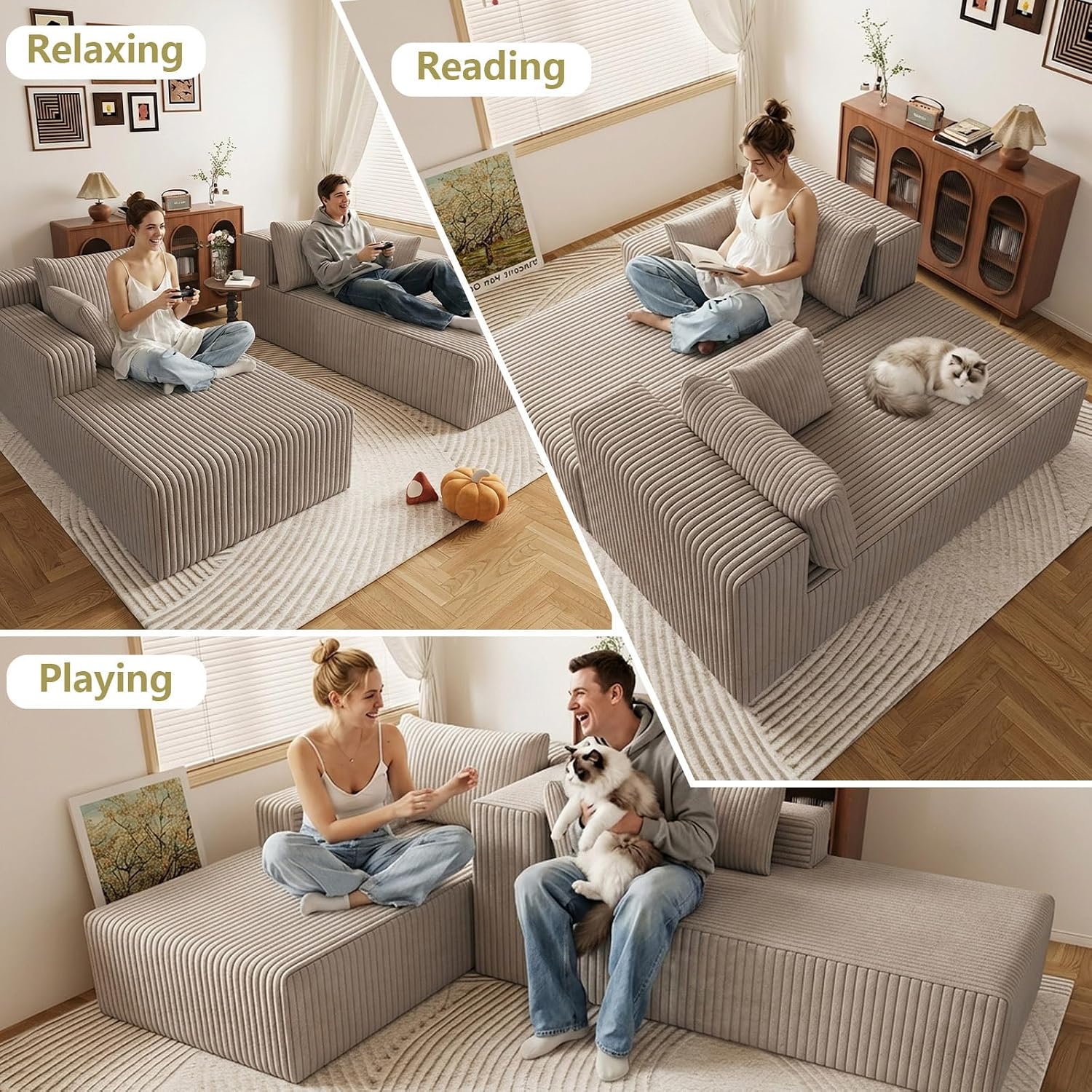 71" Oversized Double Chaise Lounges Indoor, Upholstered Corduroy Oversized Chaise Lounge Chair, Modern Sleeper Loveseat Chair Boneless Cloud Couch for Living Room Bedroom Reading (Camel)