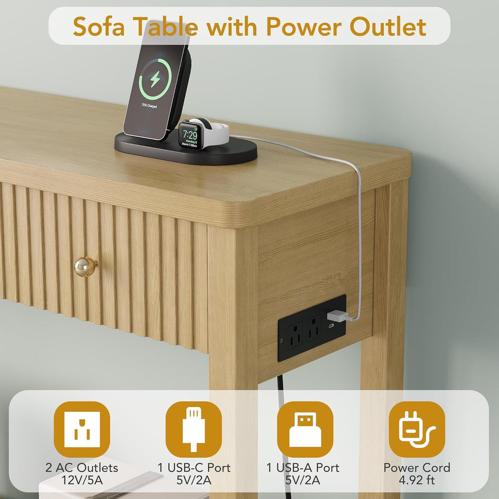 47 Inch Fluted Console Table with Outlets and USB-C Port, Mid Century Modern Sofa Table with 3 Drawers and Open Shelf, Entryway Table with Charging Station for Behind Couch, Hallway, Foyer, Oak
