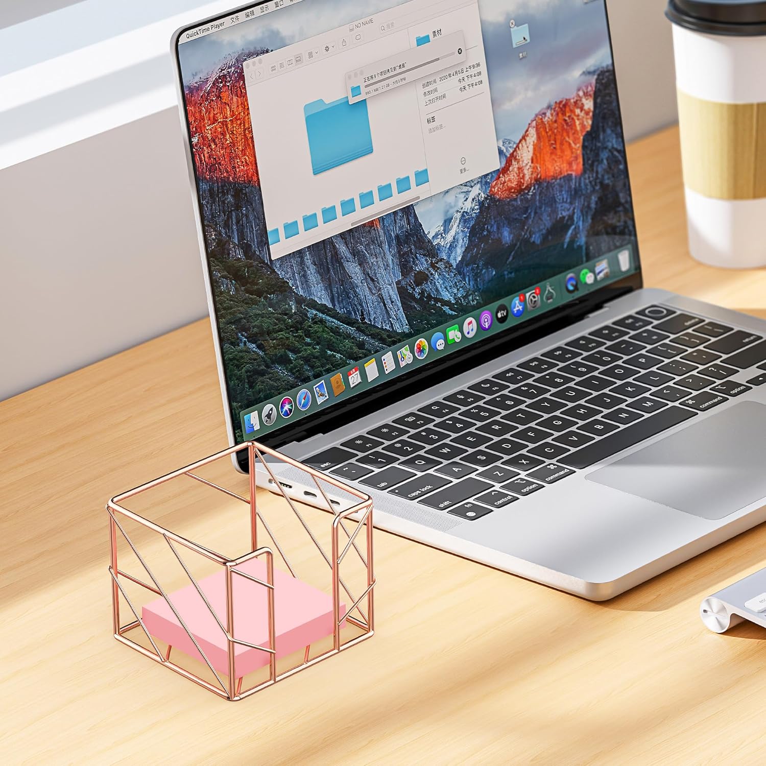 Rose Gold Geometric Sticky Note & Memo Cube Holder, Post Note Dispenser & Desk Organizer Metal Wire for Home, School, Office Supplies (Holder Only)