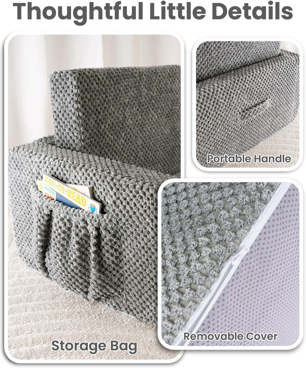 TinyPalsa Foldable Toddler Couch with Soft Sherpa Cover, 2-in-1 Comfy Toddler Sofa & Lounger for 3+ Years Old Girls Boys, Kids Chair with Pockets & Handle for Reading, Playroom (Grey)