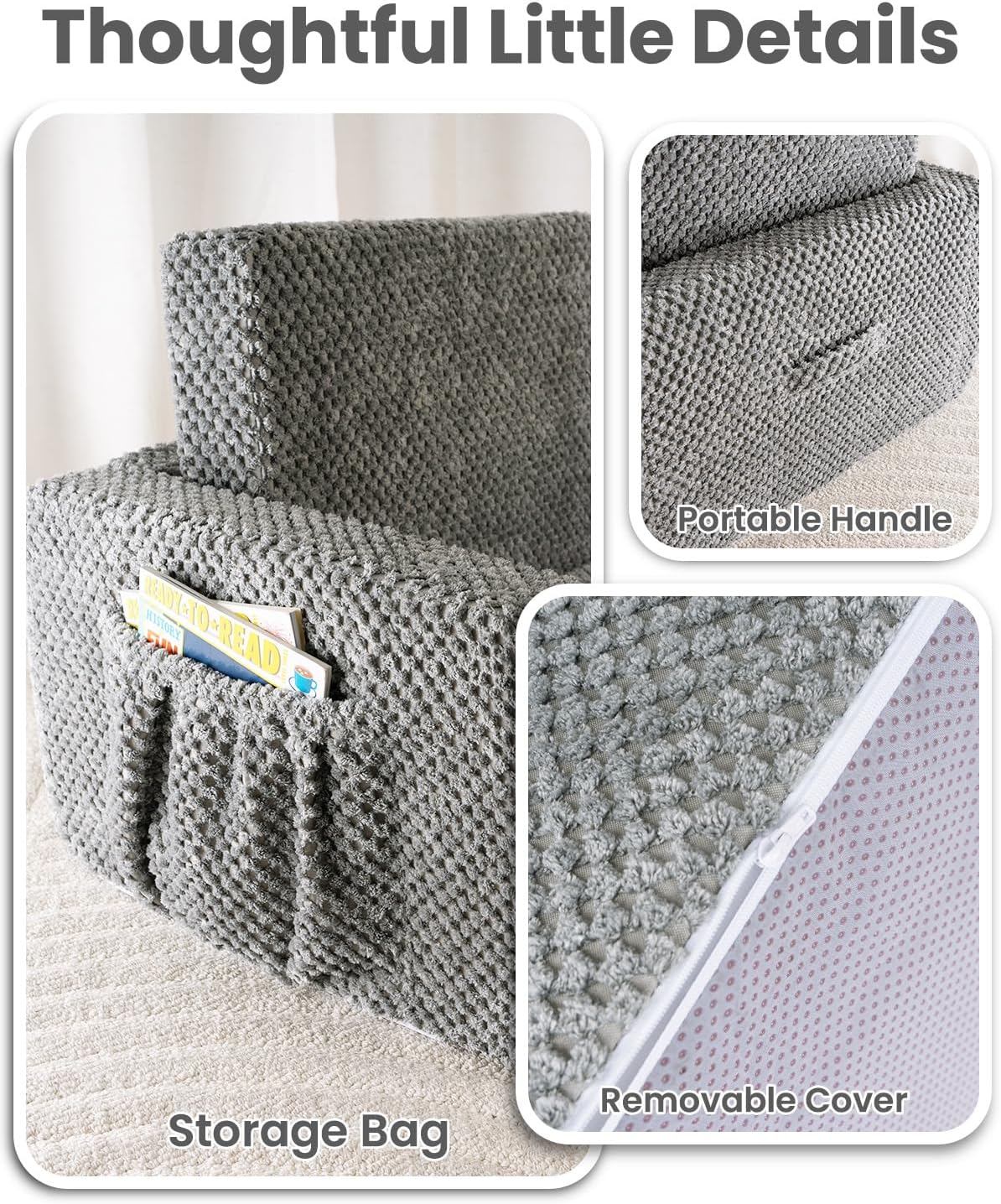 TinyPalsa Foldable Toddler Couch with Soft Sherpa Cover, 2-in-1 Comfy Toddler Sofa & Lounger for 3+ Years Old Girls Boys, Kids Chair with Pockets & Handle for Reading, Playroom (Grey)
