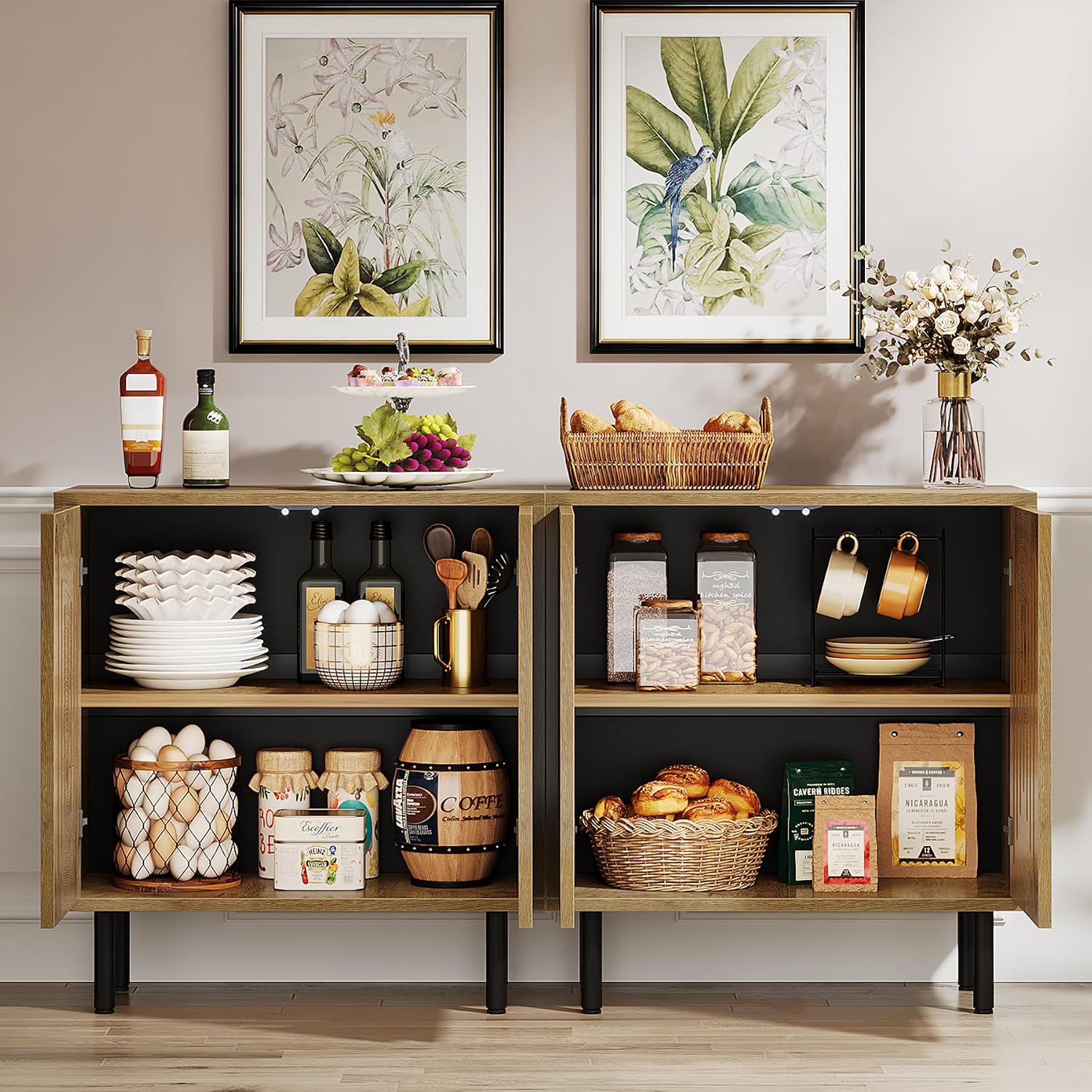 Tribesigns Set of 2 Sideboard Buffet with Storage, 59" Buffet Sideboard Cabinet with Adjustable Shelves, Accent Storage Cabinet for Living Room, Natural