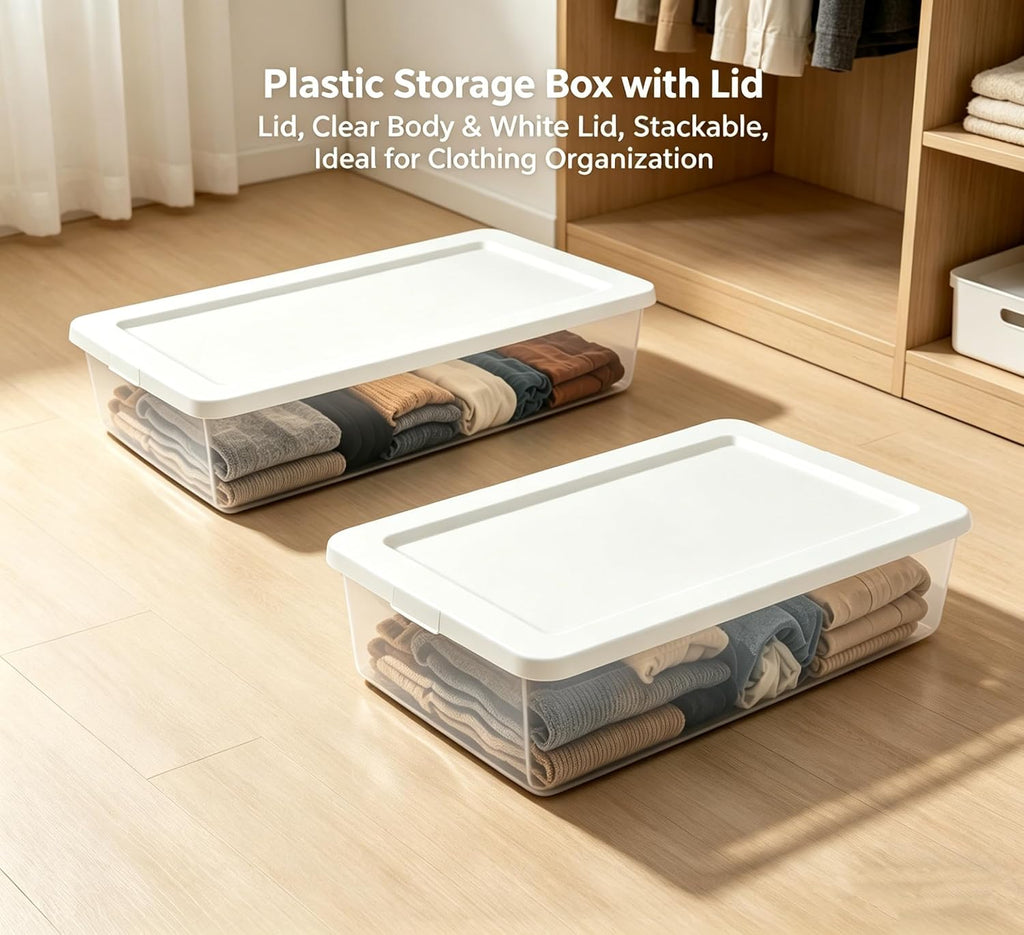 (2-Pack) 41 Quart Clear Plastic Underbed Storage Bin with Snap-On Lid Medium Rectangle Container for Home Organization, White