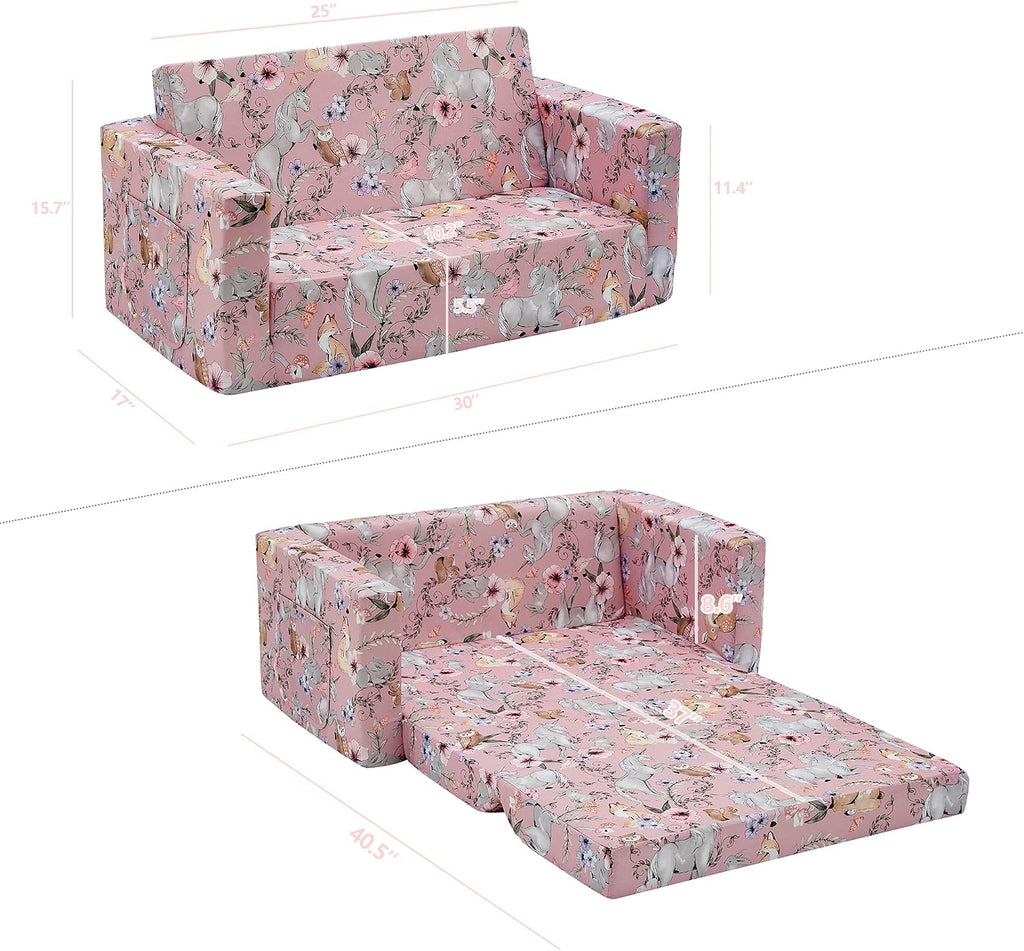 Ulax furniture Kids Convertible Sofas Children Flip-Out Sofa - 2-in-1 to Lounge Chair (Pink Unicorn)