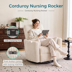LINSY 220° Swivel Electric Power Recliner Chair, Corduroy Nursing Rocker with USB & Type-C, High Back Adult Comfort Chair with 2 Pillows, Space-Saving for Nursery, Bedroom, Living Room（Beige）