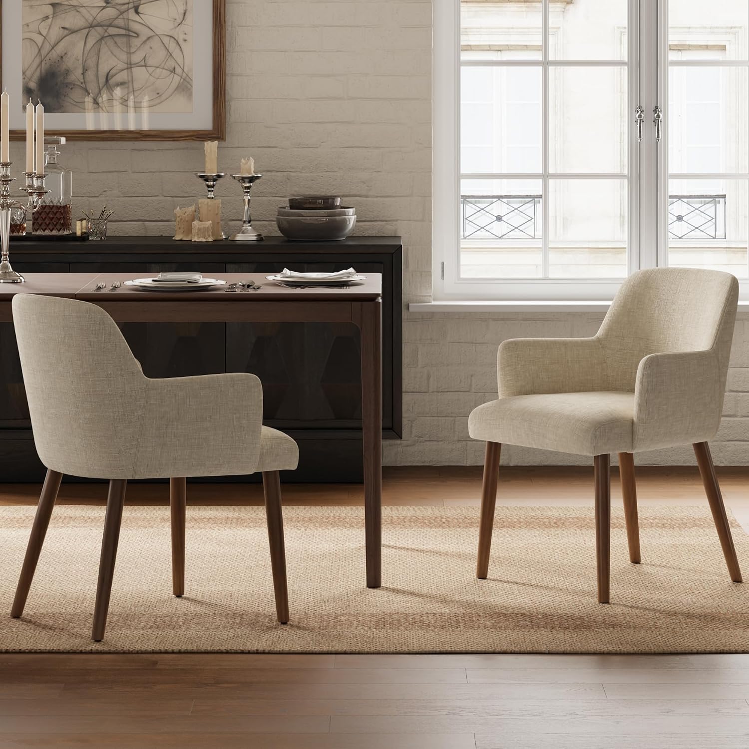 Upholstered Dining Chairs Set of 4, Modern Kitchen Chairs with Back and Curved Armrest, Fabric Side Dining Room Chairs with Wood Legs for Kitchen Dining Room Restaurant, Beige