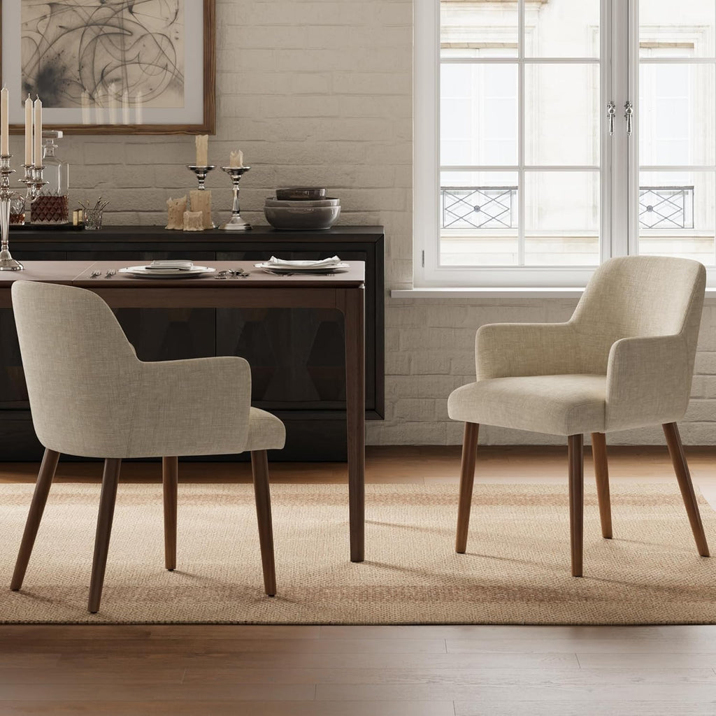Upholstered Dining Chairs Set of 2, Modern Kitchen Chairs with Back and Curved Armrest, Fabric Side Dining Room Chairs with Wood Legs for Kitchen Dining Room Restaurant, Beige