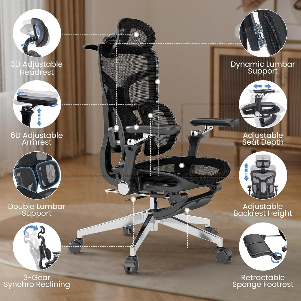 MOJAY Ergonomic Office Chair with Footrest, Big and Tall Desk Chair with Lumbar Support, High Back Home Desk Chair for Long Desk Work, Swivel Rolling Computer Seating with 6D Armrest for Home Office