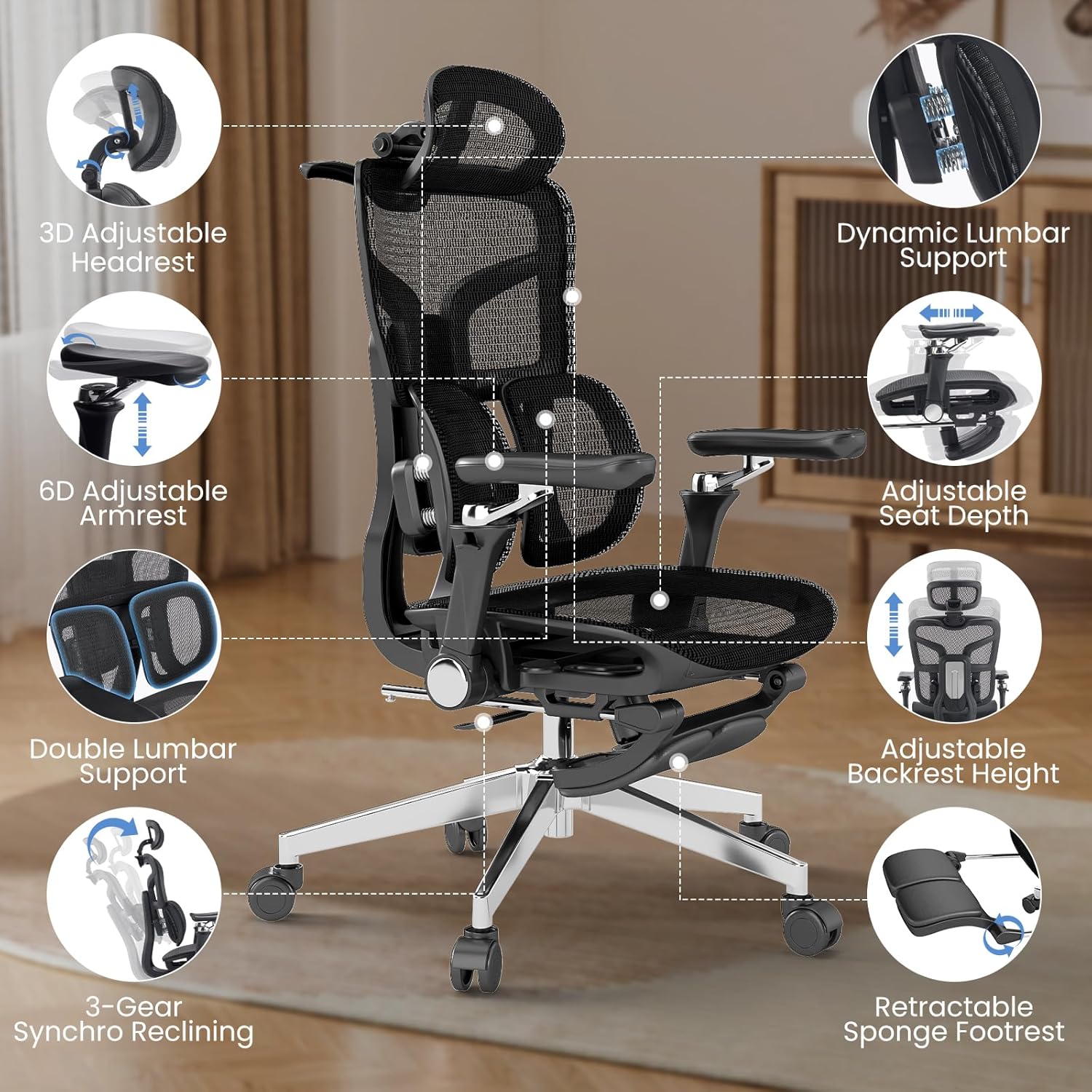 MOJAY Ergonomic Office Chair with Footrest, Big and Tall Desk Chair with Lumbar Support, High Back Home Desk Chair for Long Desk Work, Swivel Rolling Computer Seating with 6D Armrest for Home Office