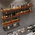 Solid Wood Wall Mounted Wine Rack, Large Wine Rack with LED Light, 4 Tiers Liquor Bottles Floating Shelves with Glass Holder, Industrial Bar Shelves for Home Bar Dining Room(78.7 in/ 200CM)