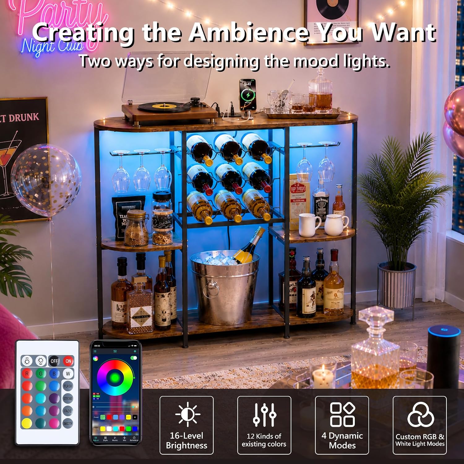 Gintan Wine Bar Cabinet with LED Lights, Mini Wine Bar Cart with Storage and Glass Holder Power Outlet Easy to Assemble, Home Bar Coffee Bar for Liquor, 3-Tier Bar Table for Kitchen&Dining&Living Room