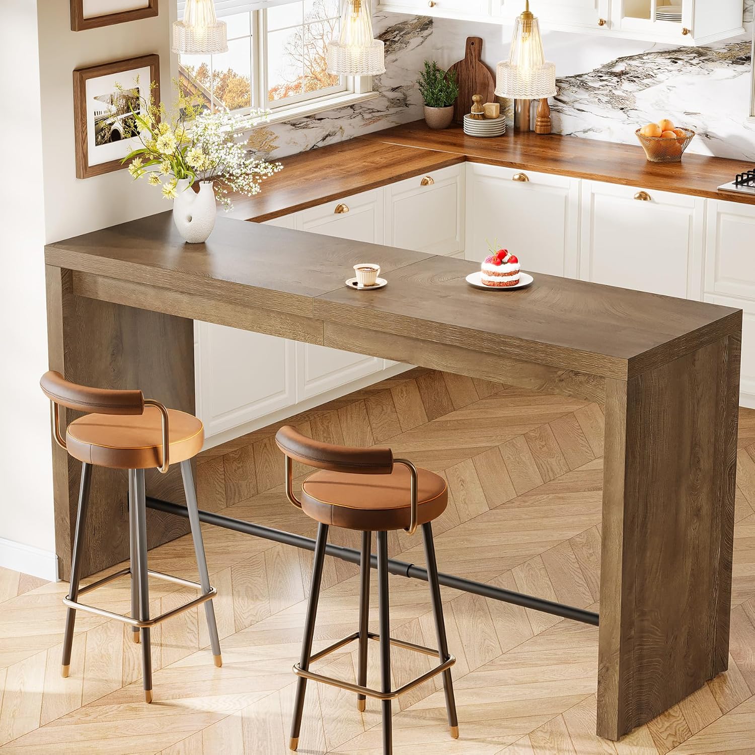 Tribesigns Bar Table, 63-Inch Modern Counter Height Pub Table with Metal Footrest, Rectangular High Bar Dining Table, Home Bar Unit for Kitchen, Dining Room, Living Room, Bistro, Brown