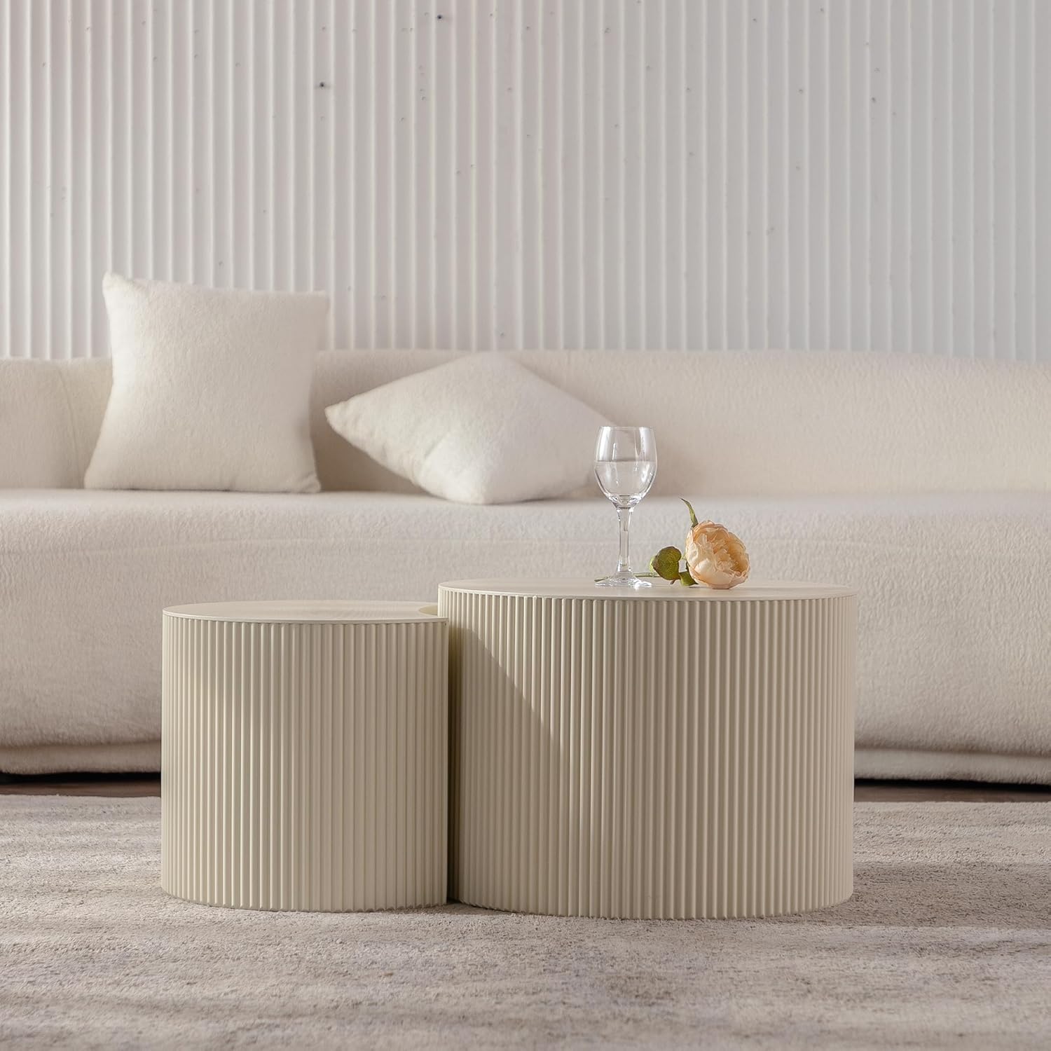 Nesting Coffee Table Set of 2, Round & Crescent Moon Wood Coffee Table and End Table Sets, Modern Luxury Accent Center Tea Table for Living Room Bedroom, （Beige + Cream, 18.9" & 14.96"