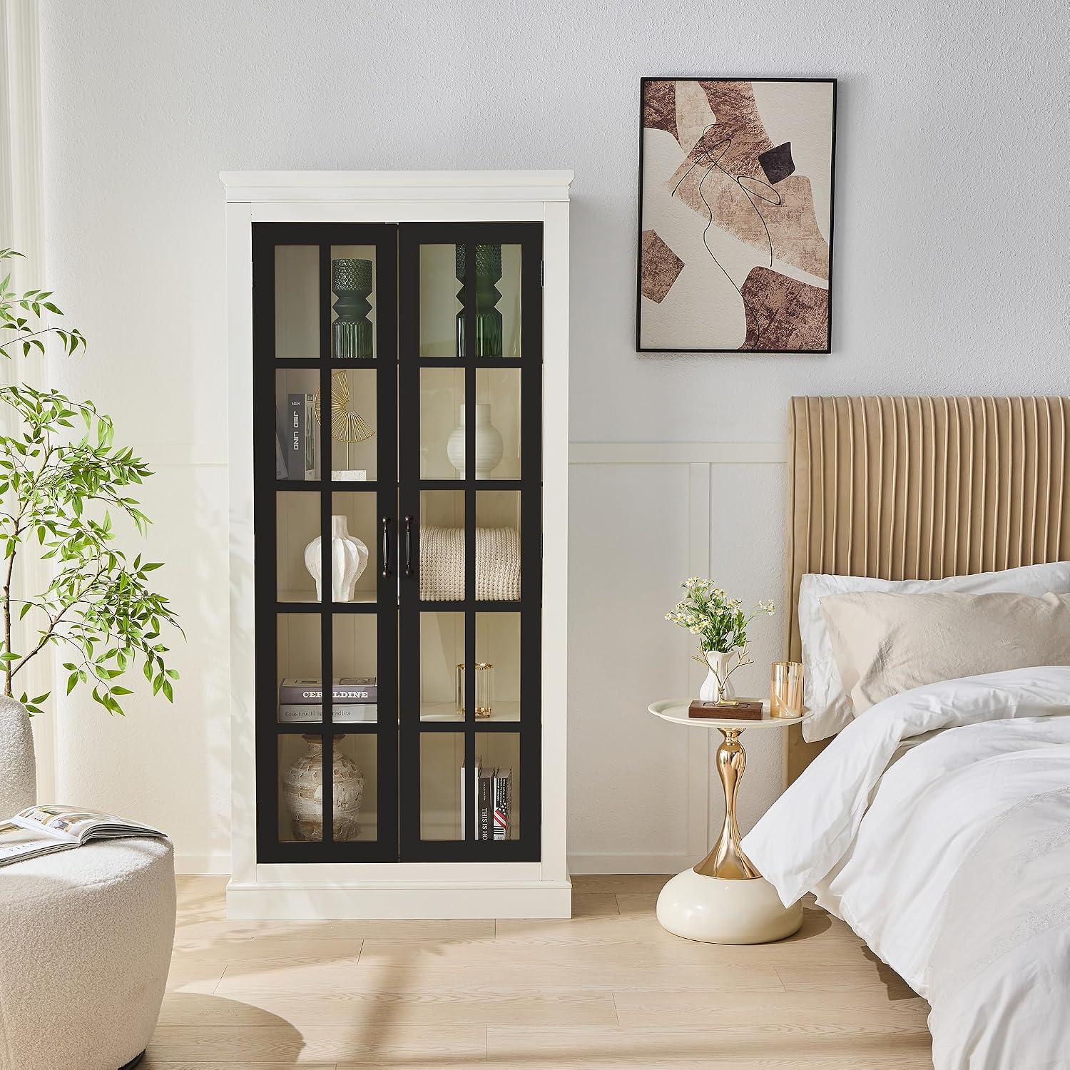 33" D*15.75" W*71.2" H Freestanding Kitchen Pantry with 4 Shelves, Black French Door, Rectangular Kitchen Pantry，for Living Room, Dining Room，White