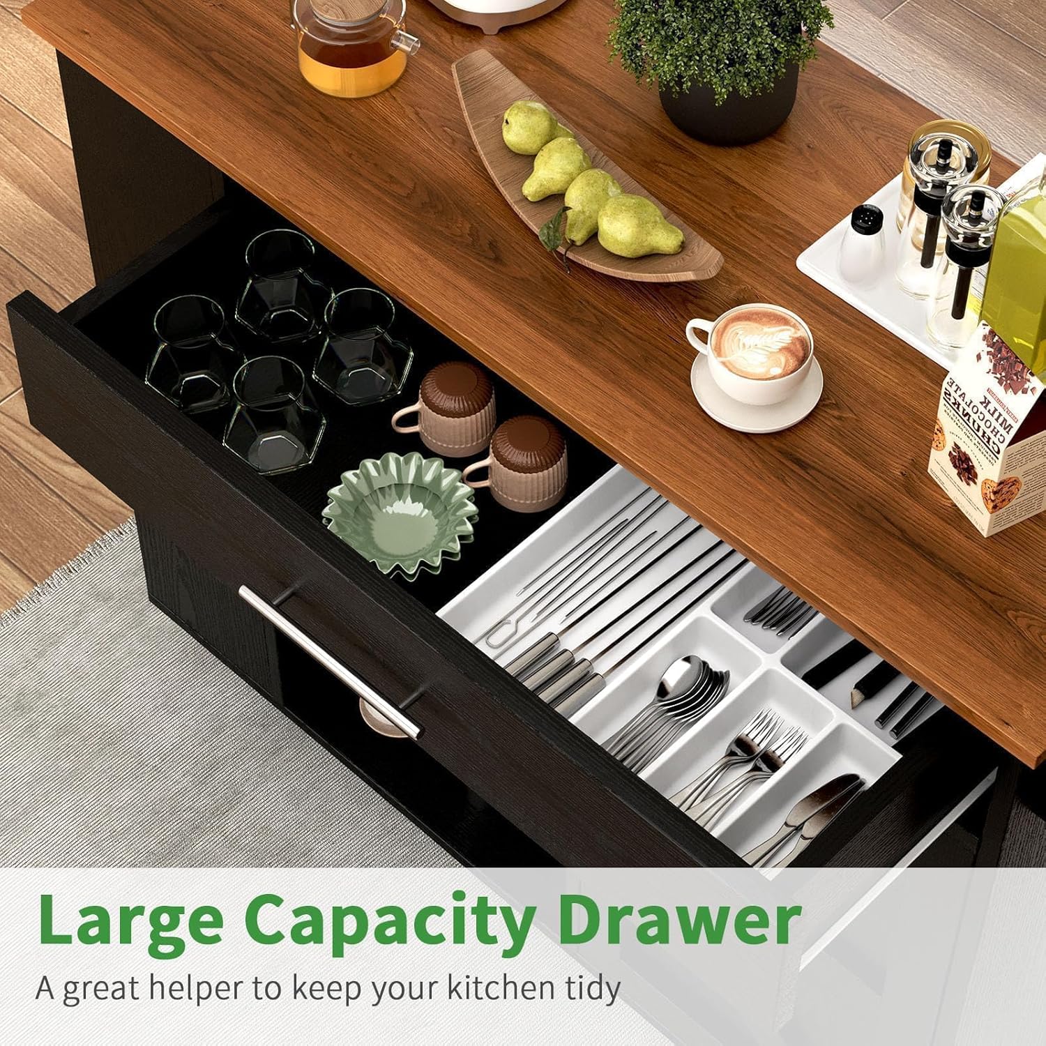4 EVER WINNER 39" Rolling Kitchen Island with Storage and Drawer, Farmhouse Kitchen Island on Wheels with 3-Tier Spice Rack, Adjustable Shelf & Towel Rack, Mobile Kitchen Cart for Small Space, Black