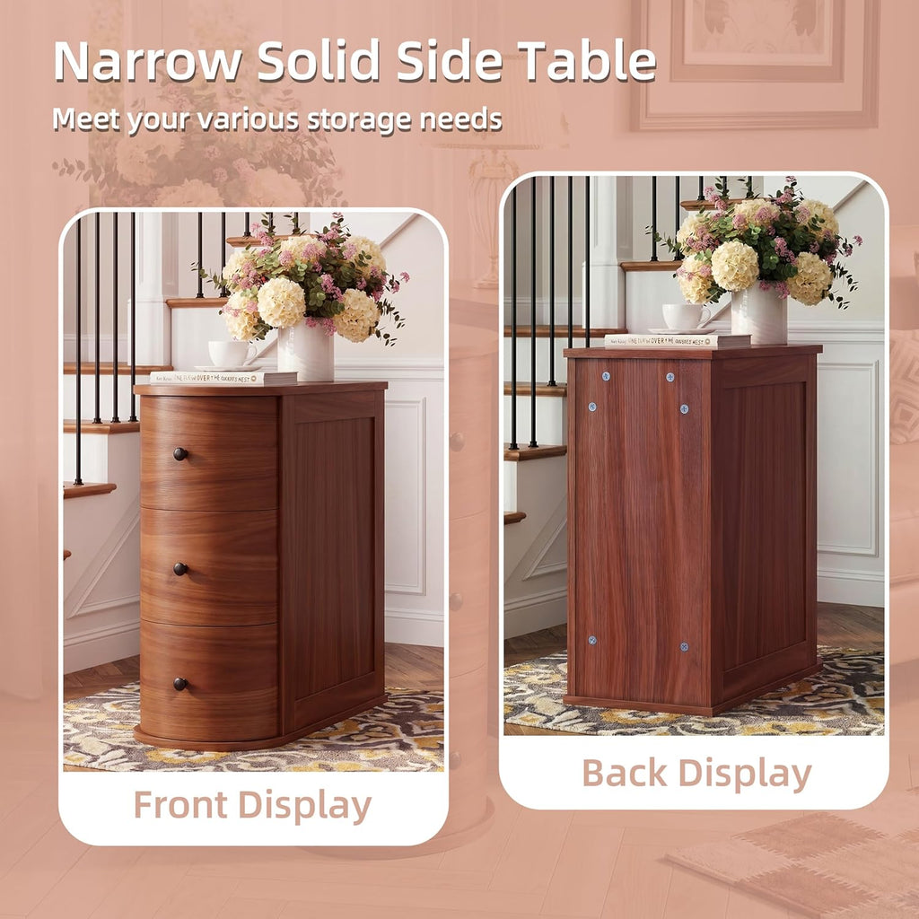 Shintenchi Narrow End Table with 3 Drawers, Vintage Solid Wood Side Table with Storage, Thin Bedside Skinny Night Stand, Slim Nightstand, Small Side Couch Sofa Table for Living Room, Bedroom, Walnut