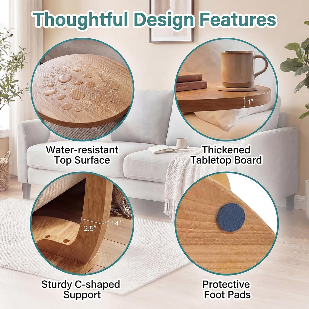 GOFLAME C-Shaped Round End Table, Solid Teak Wood Couch Sofa Side Table with 2 Tier Storage Shelves, Farmhouse TV Tray, Narrow Compact Bedside Nightstand for Living Room, Bedroom, Natural (1)