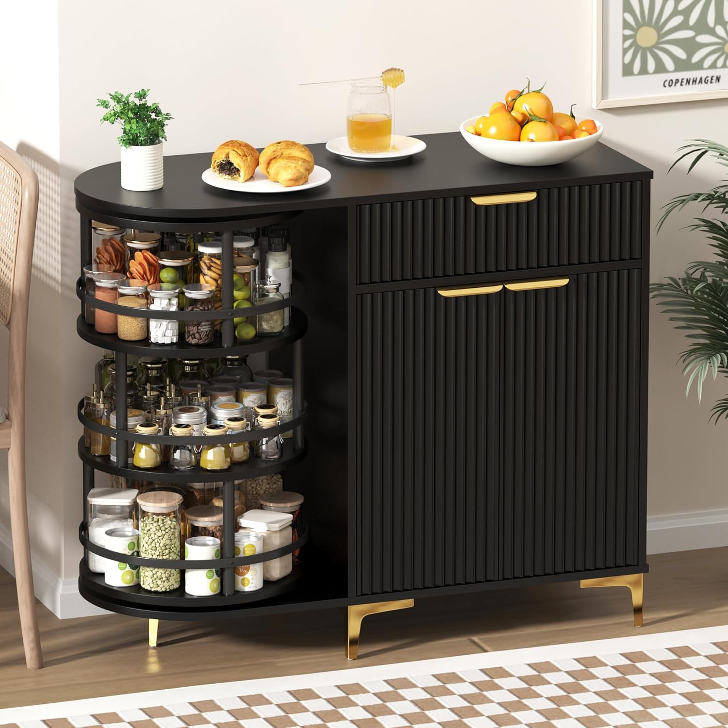 Buffet Cabinet with Storage,Sideborad Buffet Cabinet with Drawer & 2Doors,Kitchen Buffet Storage Accent Cabinets with 360°Rotating Organizer for Living Room, Entry, Hallway