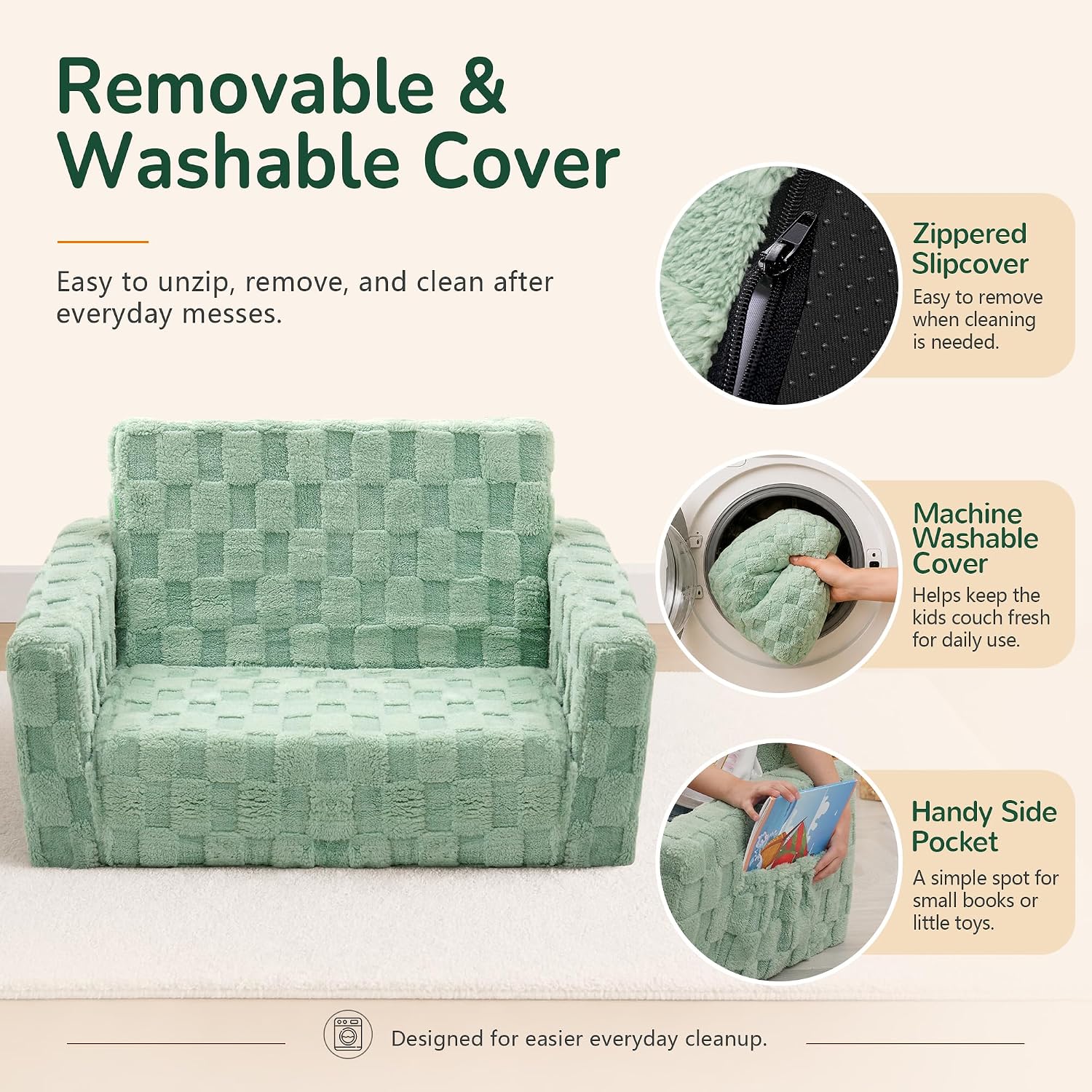 Toddler Couch for Kids, 2-in-1 Kids Fold Out Couch with Flip Open Sofa Lounger, Soft Flannel Kids Sofa Chair for Playroom Bedroom, Green