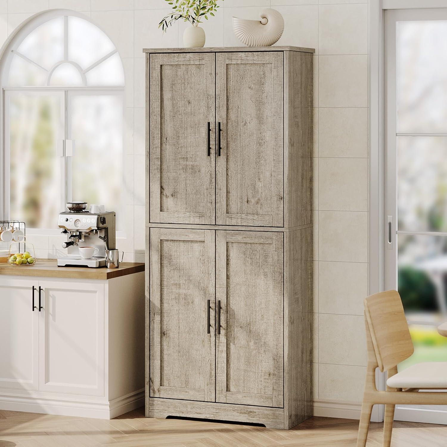 IDEALHOUSE Pantry Cabinet,70" Tall Kitchen Pantry Cabinet with 4 Doors and 3 Adjustable Shelves, Freestanding Cupboard, Modern Storage Cabinet for Bathroom, Dining Room, Living Room, Gray