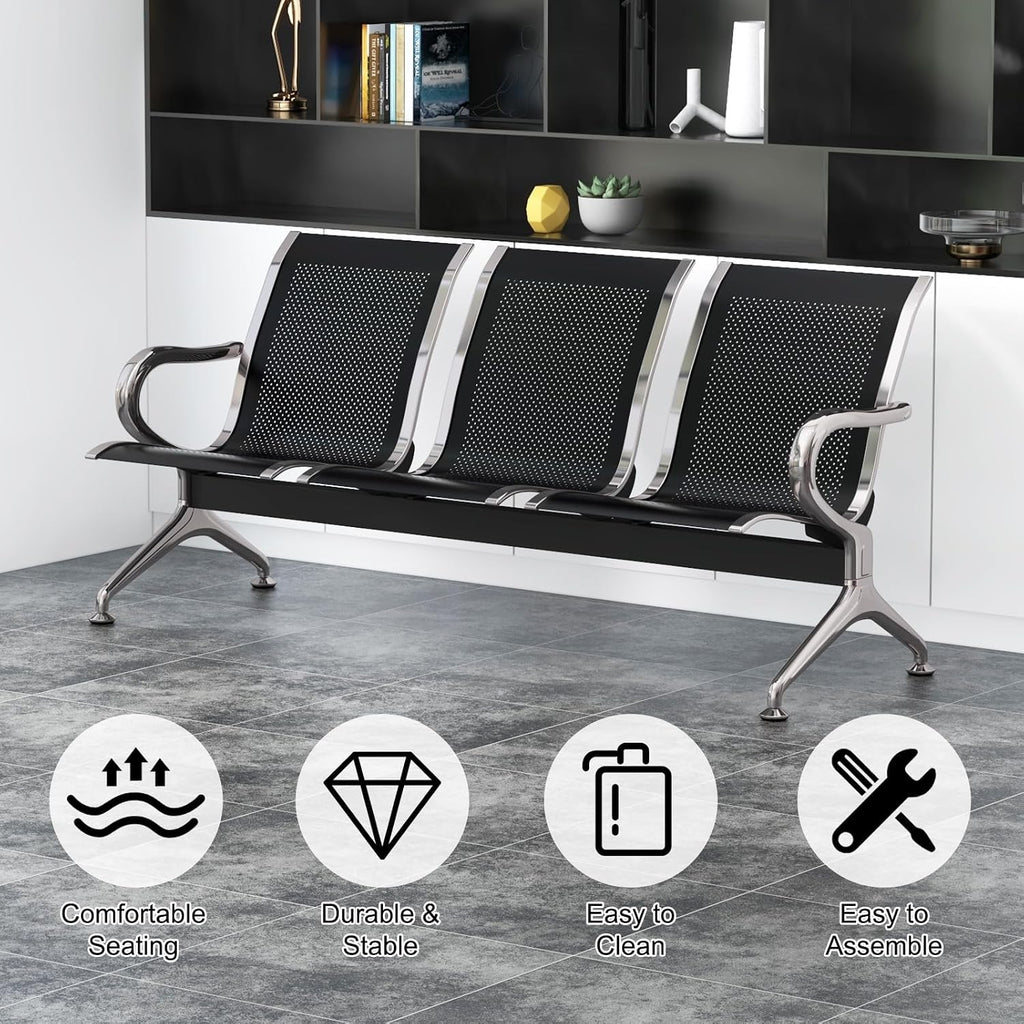 Kinfant Waiting Room Bench Set - Metal Office Guest Reception Seat Black Mesh Waiting Room Chairs with Armrest for Airport, Hospital, Bank, Salon, Barbershop, Hall(3-Seat, Set of 4)