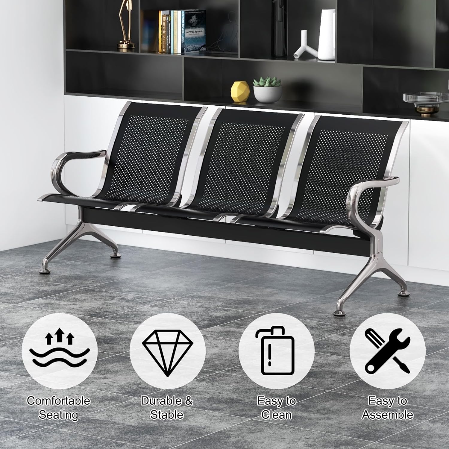 Kinfant Waiting Room Bench Set - Metal Office Guest Reception Seat Black Mesh Waiting Room Chairs with Armrest for Airport, Hospital, Bank, Salon, Barbershop, Hall(3-Seat, Set of 4)