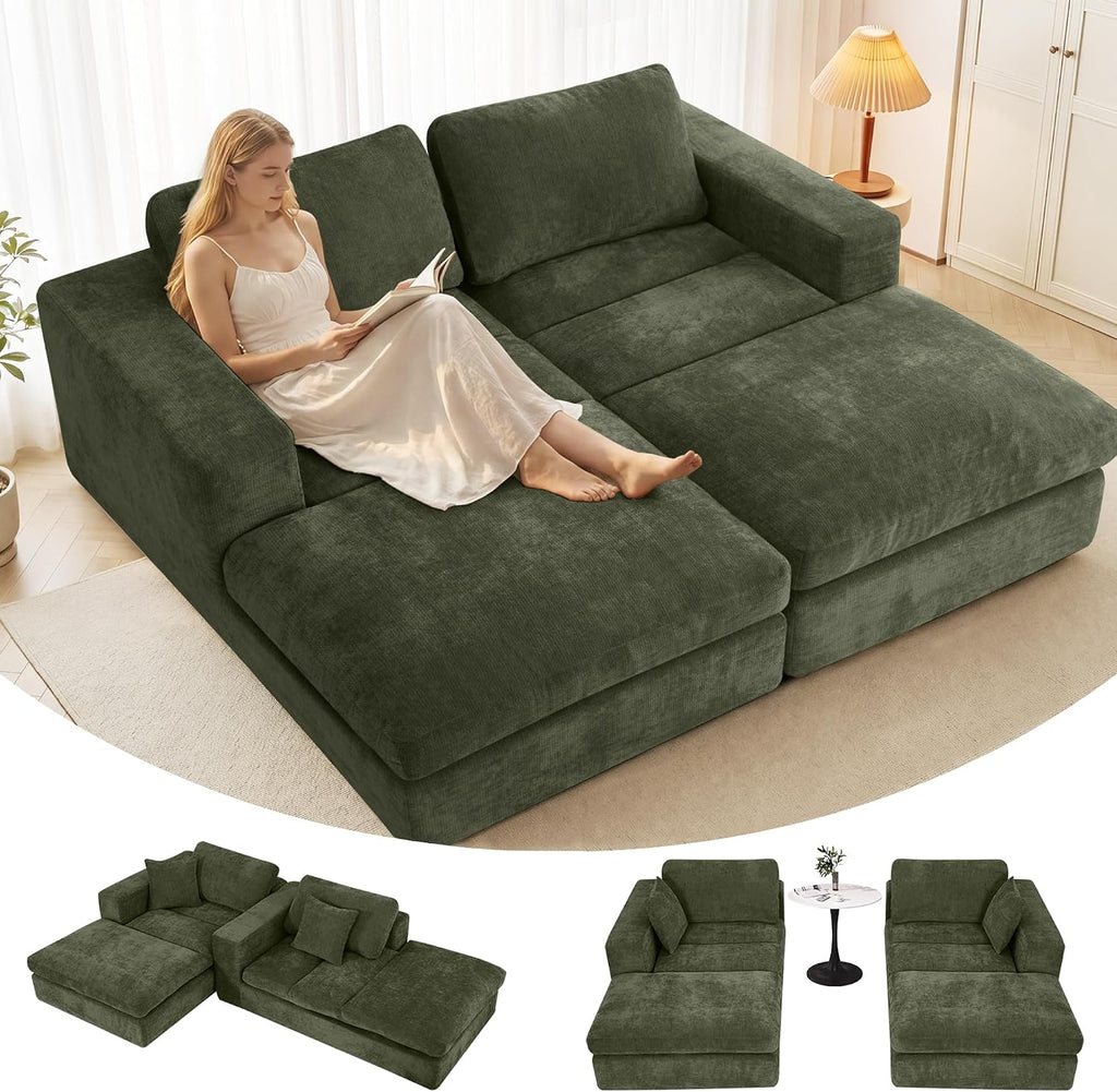 80.7" Oversized Double Chaise Lounge Chair Indoor, Cloud Boneless Sleeper Sofa Bed with 4 Pillows, Extra Deep Seat Cozy Loveseat Couch for Living Room Bedroom, No Assembly Required (Green)