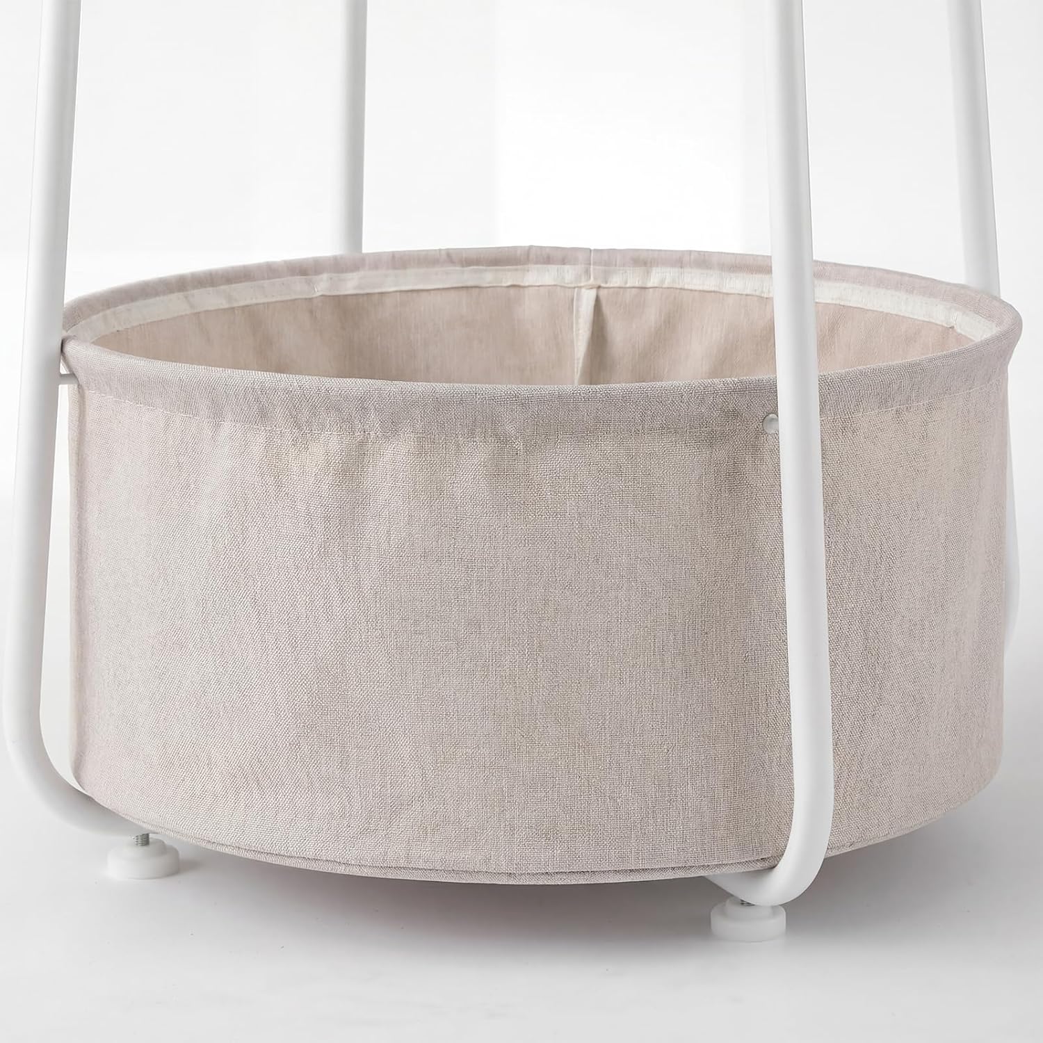 Modern Round Side End Table with Fabric Storage Basket, Matte White and Camel Brown, Contemporary Nightstand (Burlywood)