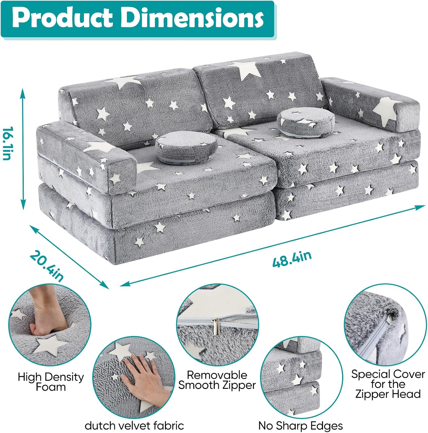 Kids Play Couch, 10Pcs Toddler Sofa,Modular Kids Couch for Playing, Creativing, Sleeping (Grey Stars)