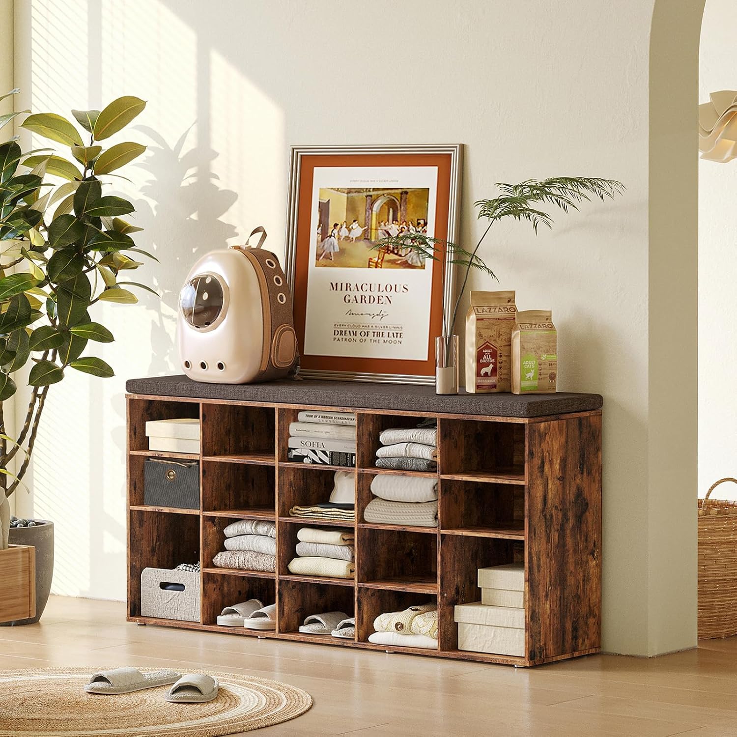 DINZI LVJ Shoe Storage Bench, 20-Cubby Shoe Rack Bench with Cushion, Fully Adjustable Shelves, Shoe Organizer for Closet, Entryway, Mudroom, Hallway and Garage, Rustic Brown