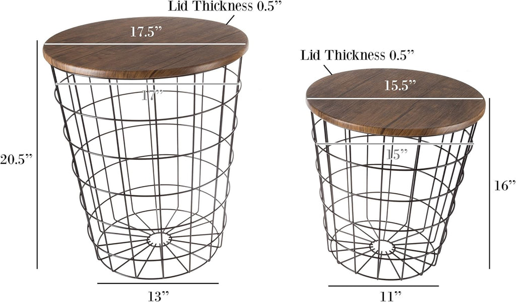 Lavish Home End Tables Set of 2 - Nesting Tables with Removable Wood Tops and Metal Basket Bases for Blanket Storage - Round Side Pieces for Living Room, Bedroom, or Home Office (Brown/Black)