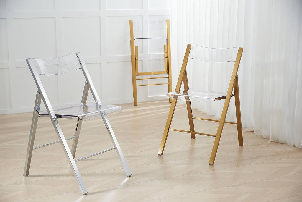 LeisureMod Transparent Acrylic Folding Chair, Iron Chrome Base, Comfortable Seat & Backrest, Clear Desk Chair, No Assembly Needed in Brushed Gold