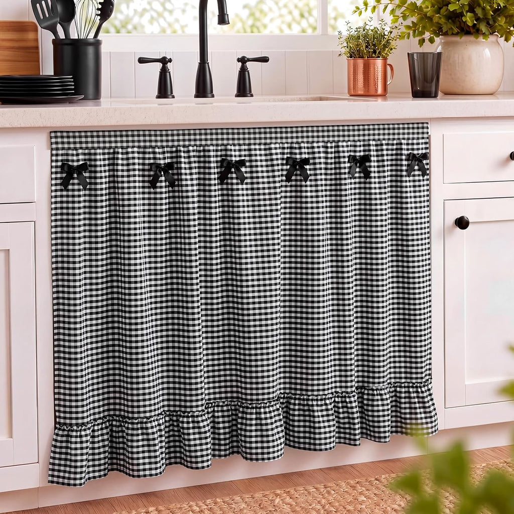Tudomro Cabinet Curtains 56" x 28" Sink Skirt for Bathroom Kitchen Office Desk Black Ruffle Gingham Cabinet Curtains for Classroom Office Home Drape Under Desk Privacy Drape for Laundry Room